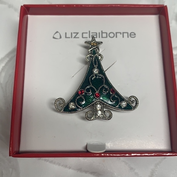 Liz Claiborne Christmas Tree Pin-Silver/Green Enamel/Multicolor Crystal - Picture 2 of 5